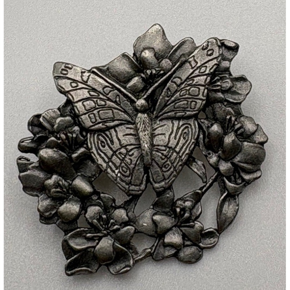 Vintage pewter Birds and Blooms limited edition butterfly brooch pin